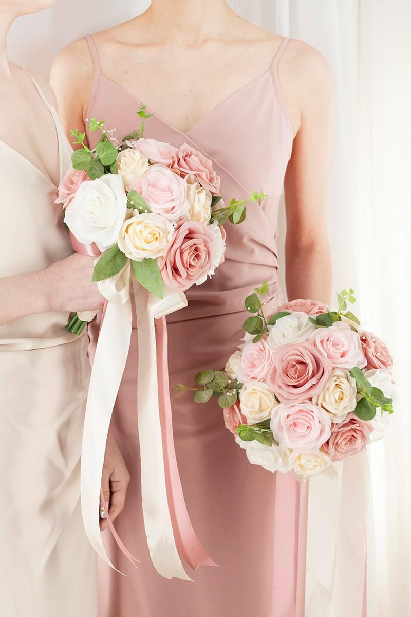 Pink & Champage Wedding Bouquets for Bride Bridesmaids, Bridal Bouquet for Wedding Silk Artificial Flowers