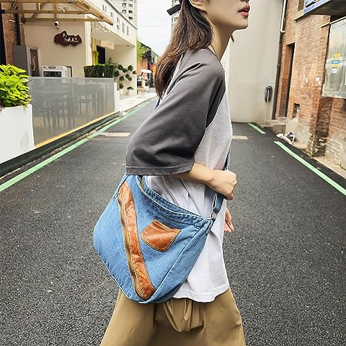 Image of Denim Purse for Women Men Tote Bag with Zipper Crossbody Blue Jean Purses Canvas Shoulder Bag Hobo Handbag