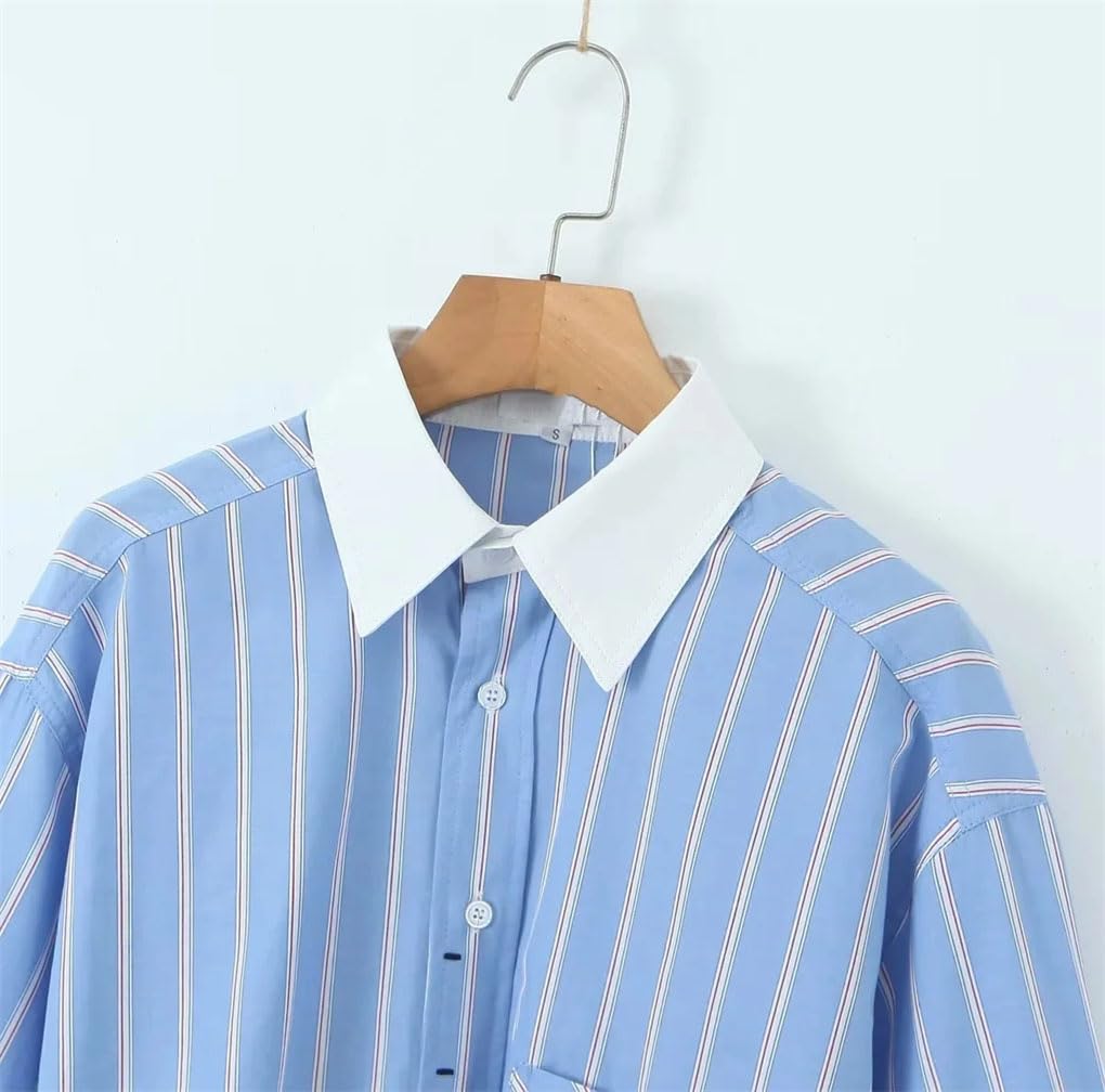 Camicia corta a righe da donna con bottoni sul davanti, maniche lunghe, colletto con risvolto e tasca