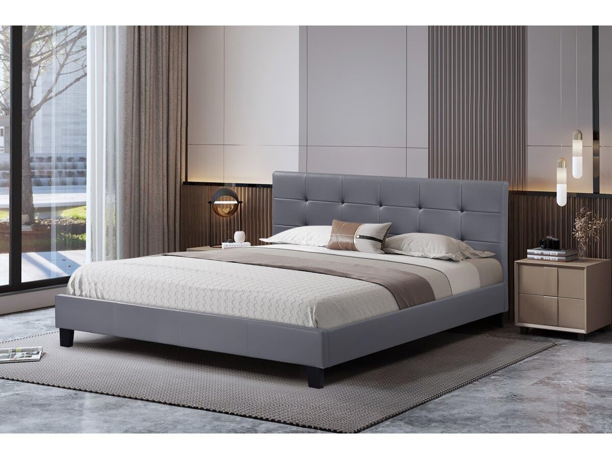 Habitat et Jardin - Lit Double Julia en Simili Gris 140 x 190 cm | Cadre de Lit 2 Places | Sommier et Tête de Lit Inclus | Support à Lattes en Bois
