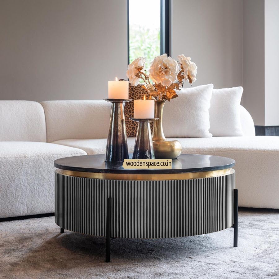 Image of WOODEN SPACE Premium Luxury Nazaara Marble-Top Coffee Table with Iron Legs & PVD Coating | Modern Round Wooden Center Table for Living Room & Entryway