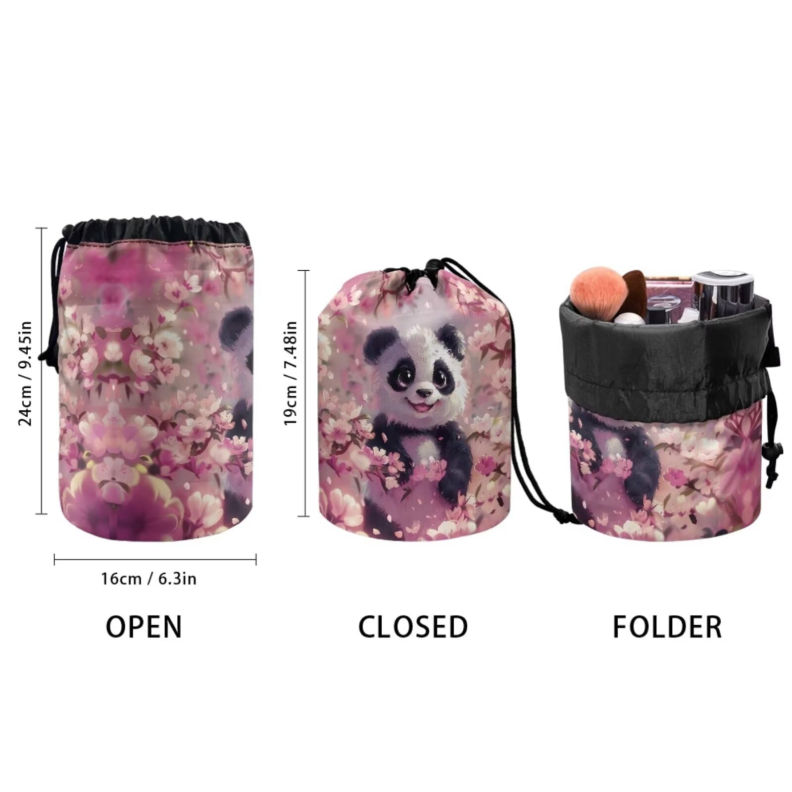 chaqlin Pink Panda Travel Cosmetic Bags Barrel Makeup Bag,Women Girls Portable Foldable Cases Multifunctional Toiletry Bucket Bags Round Organizer Storage Pocket - Image 2