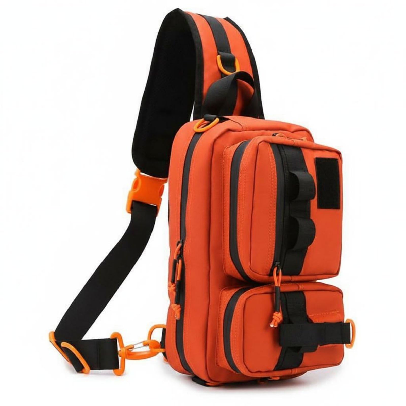 Padded Mesh Back Rectangular Fishing Bag Zippered Pockets Multi-Pocket Fishing Bag Waist Belt Outdoor Carry Gear Adjustable Strap, Orange-image-11