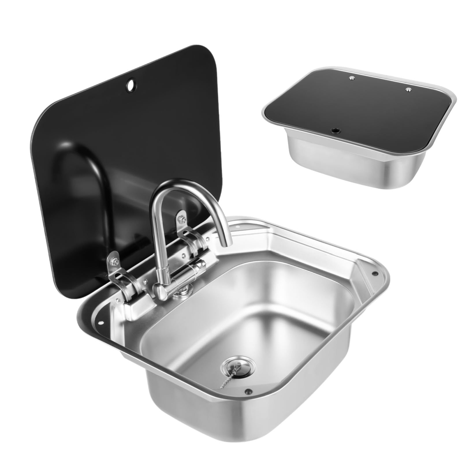 RV Camping Waschbecken mit Deckel & Warm-Kalt Wasserhahn, Edelstahl Rechteckig Camping Spüle Bausatz für RV Wohnwagen, Wohnmobil, Kleine Küchen, 49 * 41 * 18cm