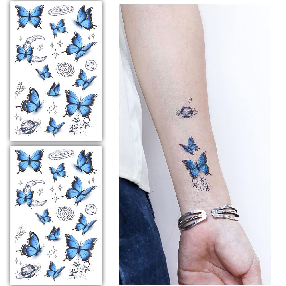 S.A.V.I 2 Sheets - Blue Butterfly Temporary Tattoos for Kids & Adults, 12x7.5 cm Each - Waterproof, Easy Apply & Remove - Ideal for Parties, Festivals, Crafts - Long-lasting Body Art Stickers-image-45