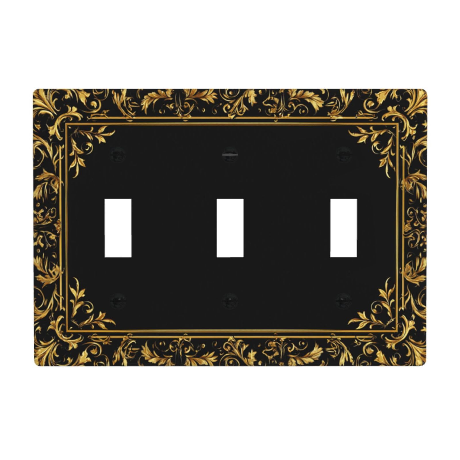 Golden Decorative Border Pattern On Black Light Switch Covers 3 Gang Triple Toggle Wall Plate Switchplate Electrical Faceplate for Bathroom Kitchen Bedroom Decor