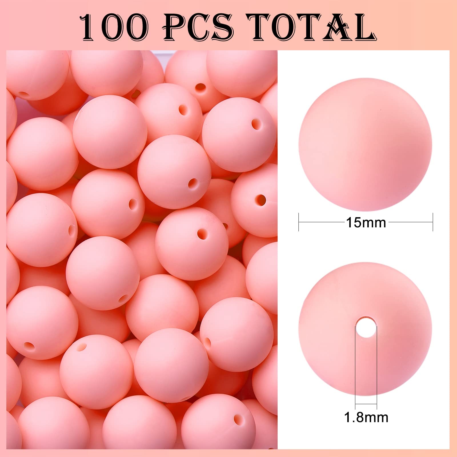 BEEFLYING 100 Pieces Silicone Beads 15mm Round Rubber Focal Bead Loose Spacer Beads for Keychain Making Pen Bracelet Necklace Jewelry DIY Craft (Pink) - Image 2