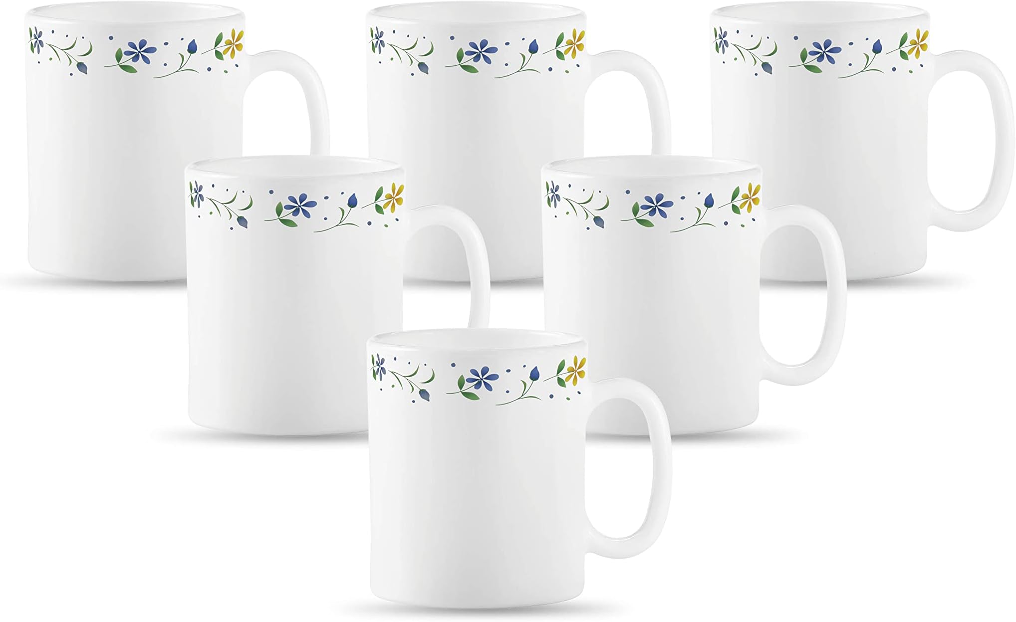 La Opala Diva, Opal Glass Coffee Mug Set Cylinder Medium 6 pcs, Twilight Bouquet, White