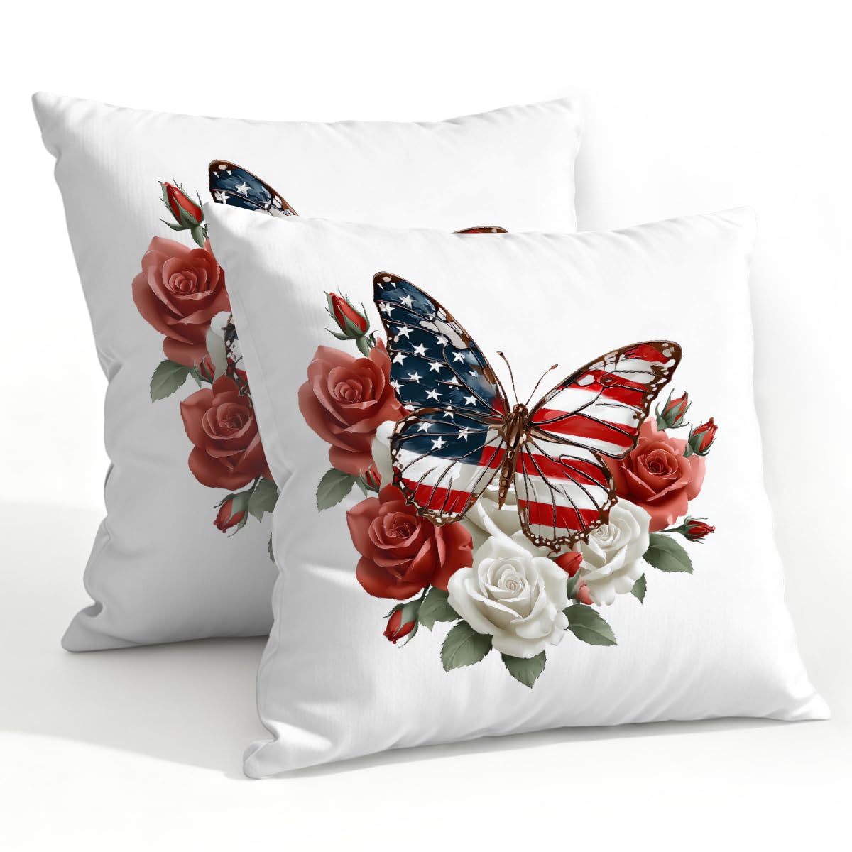 Outdoor Pillow Covers Waterproof Pillowcases 22x22in Set of 2 4th of July American Flag Flower Butterfly Decorative Throw Cushion Case for Couch Sofa Garden Patio Furniture