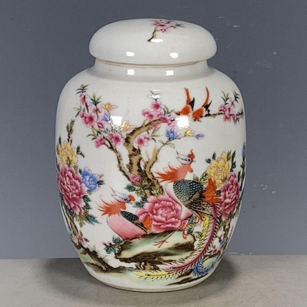 Bzgpmfud One Color Vase Desktop Chinese Porcelain Qing Dynasty Jade Base Pastel Phoenix Pattern Auspicious Laiyi Tea Jar