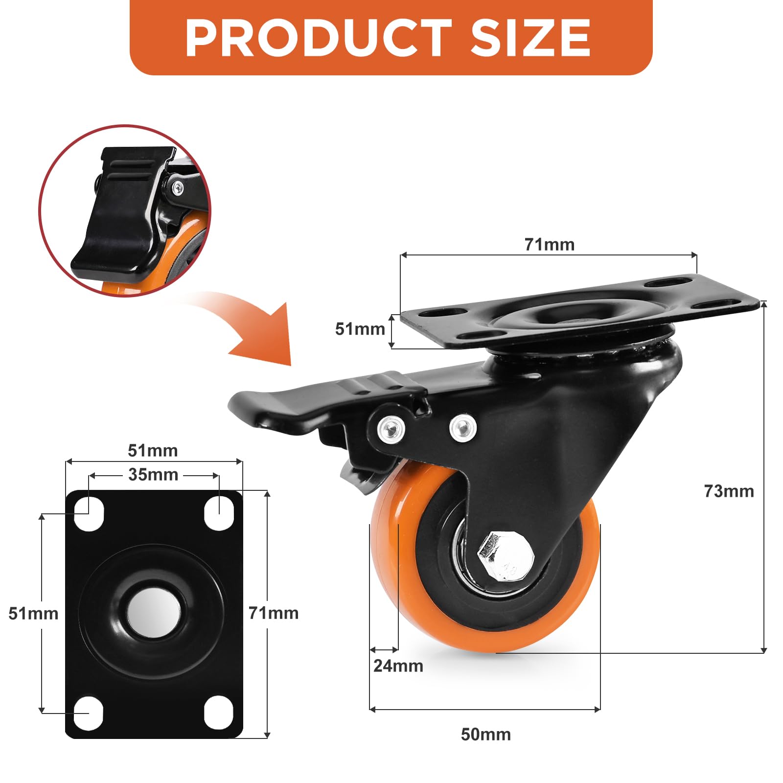 Caster Wheels, Heavy Duty 50mm Casters Set of 4, Locking Swivel Casters Wheels for Cart Furniture and Workbench, Orange - Image 2