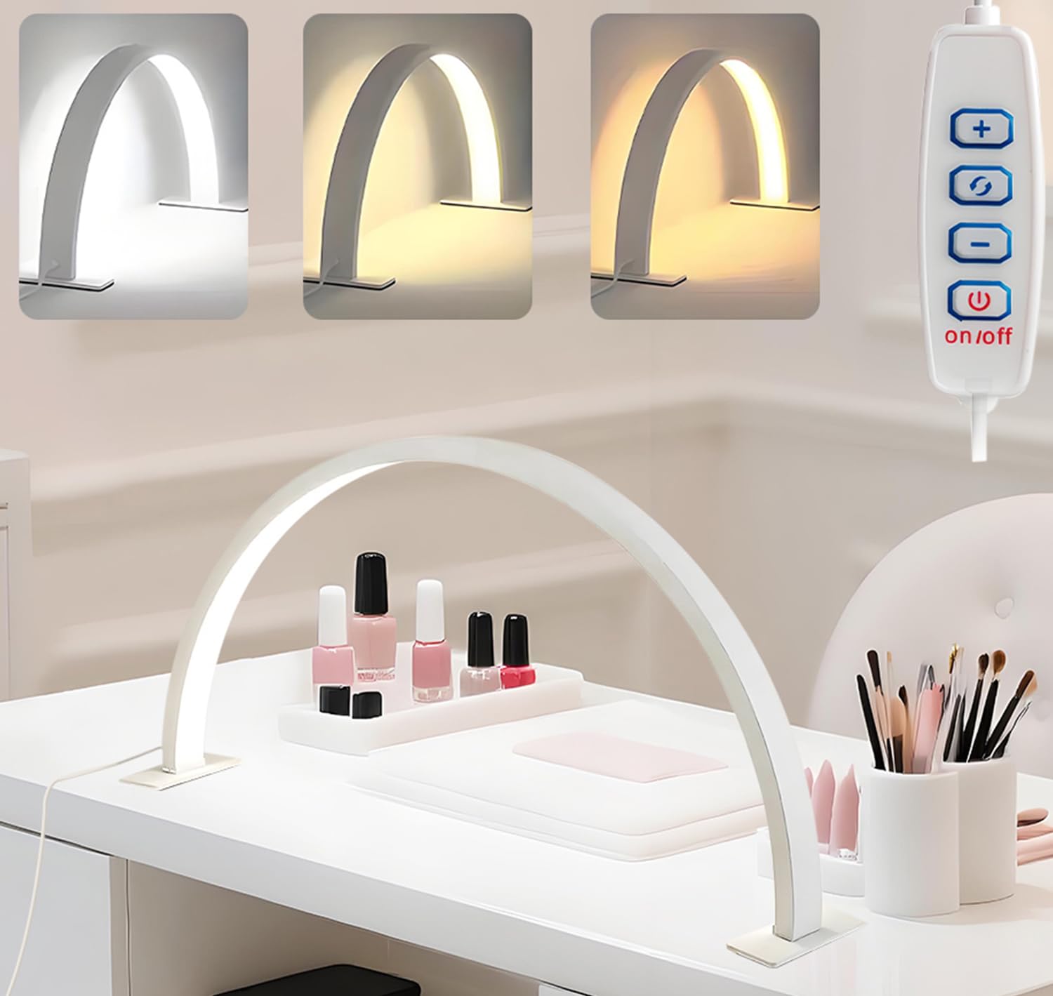 SKJJM Nail Light for Desk, Half Moon Light for Nail Desk, 3 Color Modes and Brightness Nail Desk Light, USB Powered Nail Desk Light for Nail Tech Beauty Eyelash Makeup Salon Tattoo Crafts (White)