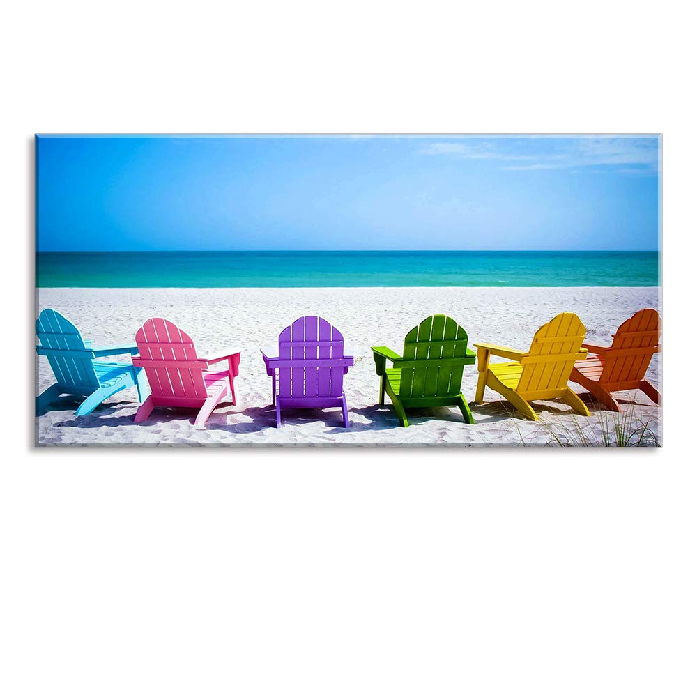 Beach Canvas Wall Art for Living Room, PIY Blue Sea with Colorful Chairs Picture Prints Decor, Relax Leisure Time Home Decorations (Waterproof, Bracket Mounted Ready Hanging, 24x48 Large)