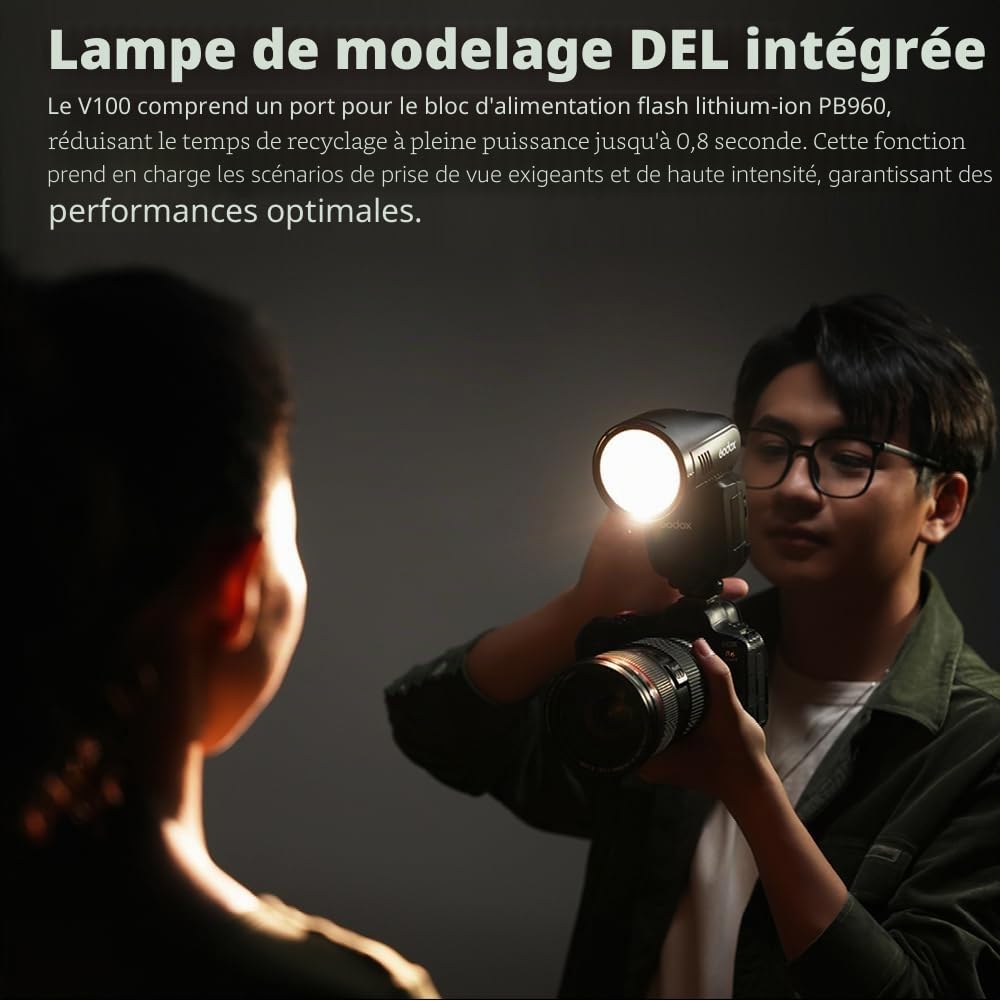 Godox V100C Flash V100-C Globalement Synchronisé Lit Lumineux 100Ws 1/8 000 Seconde, Batterie Lithium Intégrée 1/8 000 HSS, Modélisation LED 10 Niveaux, pour Appareil Photo Canon