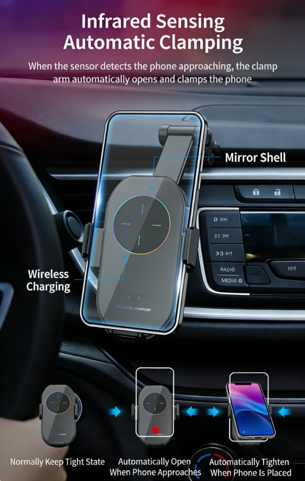A7S Wireless Fast Charging Car Phone Mount, Auto-Clamp Magnetic Holder Qi-Certified, 360° Rotation, Compatible with iPhone Android