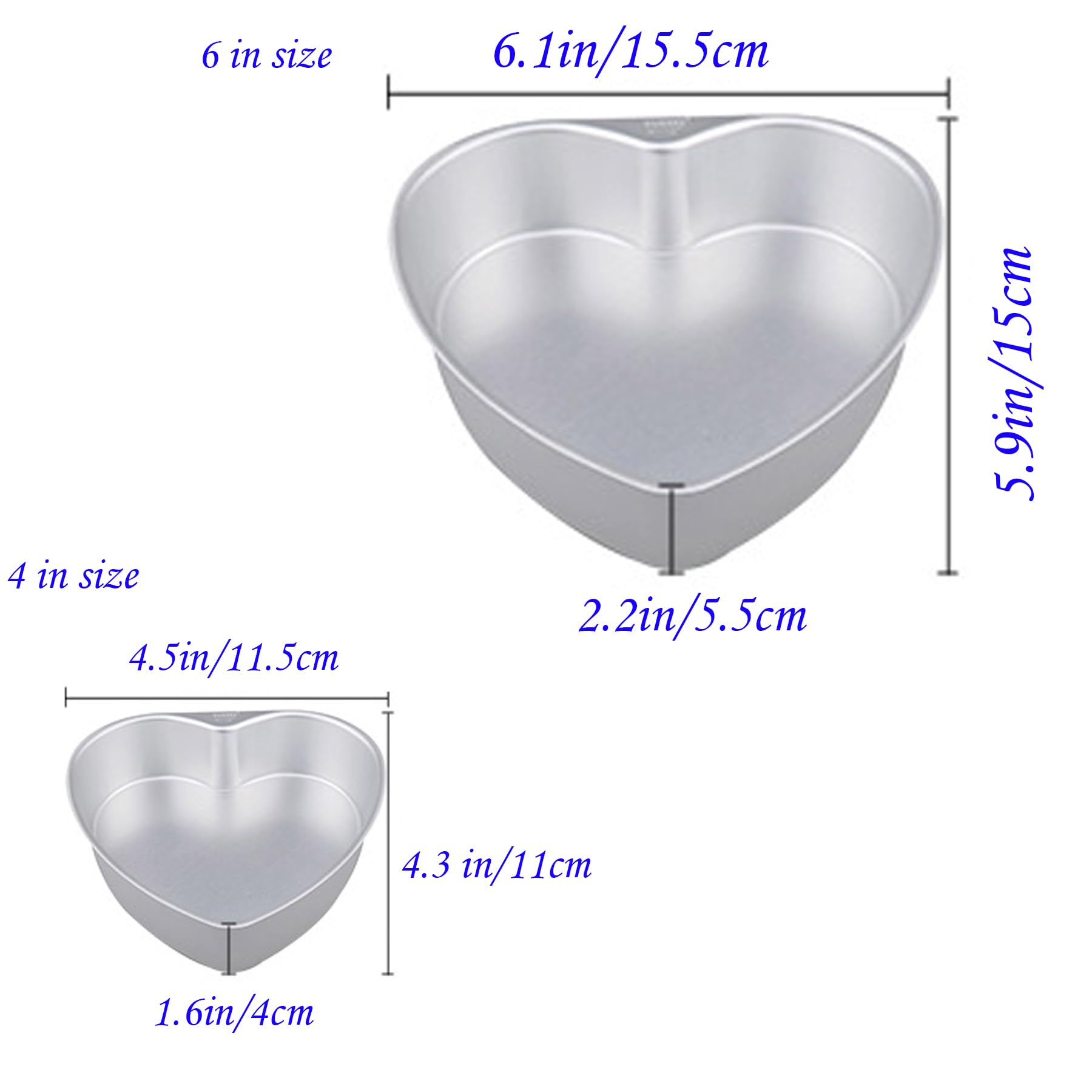 QJFCare Lot de 2 moules à gâteau en aluminium en forme de cœur, 10,2 cm et 15,2 cm, réutilisables avec fond amovible, moule à gâteau au fromage amovible pour gâteaux, brownies, cuisson au four