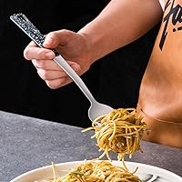 Vista 8 de Utensilios de metal de acero inoxidable para servir, juego de cucharas para servir, cucharas ranuradas y pinzas para servir. Tenedor para servir