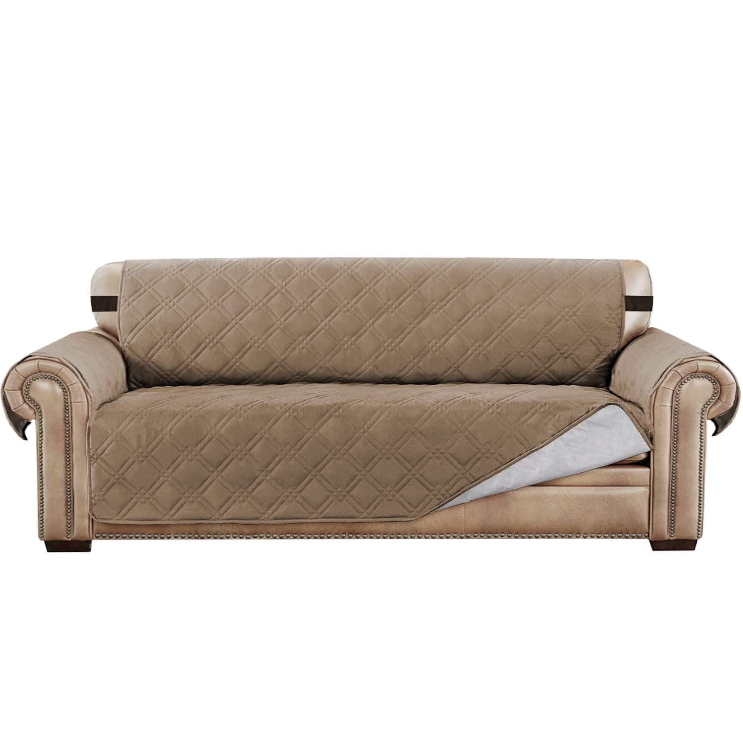 Quilted Large Sofa Cover, Waterproof Non Slip Soft Couch Covers, Sofa Slipcovers for 4 Cushion Couch, Washable Furniture Protector with Elastic Straps for Pet Kid (Light Brown,Couch Sofa Oversized)