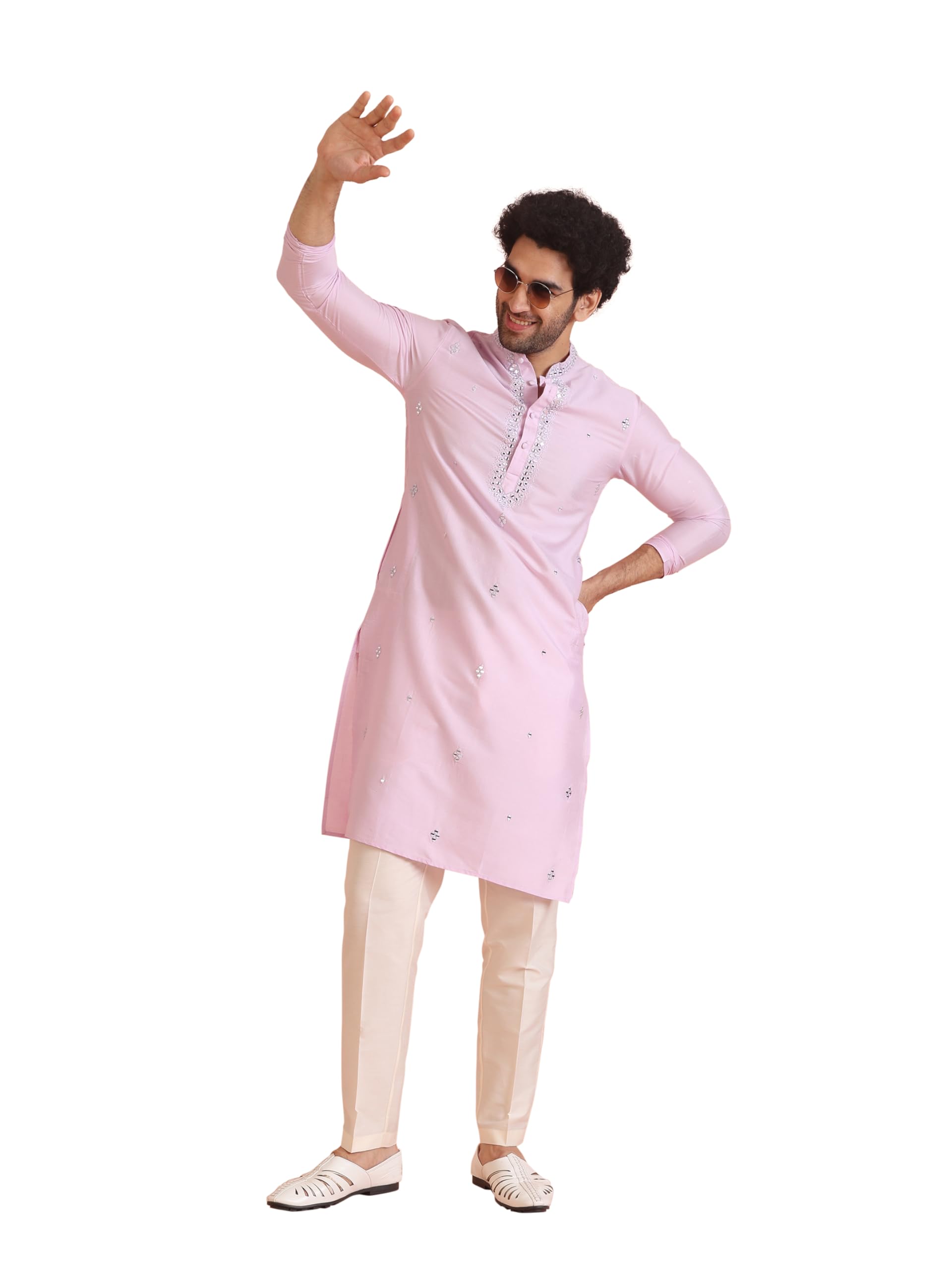 kisah Men's Kurta Dhoti Set, Pink Cotton Blend, Embroidered Regular Fit Mandarin Collar Long Sleeves-picture-31