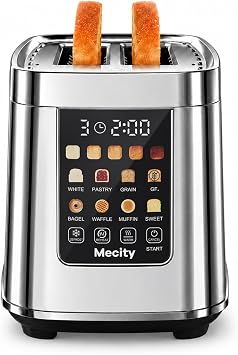 Mecity Motorized Toaster 2 Slice with Touch Screen, Stainless Steel Smart Toaster, 8 Bread Types, 5 Shade Levels, 1200W High Power, Keep Warm Mode, Reheat Defrost Functions, 120V