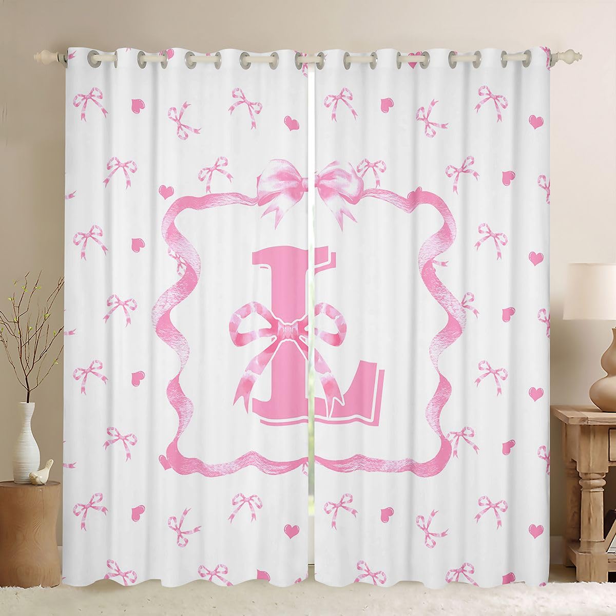 Homewish Spersonalizowane różowe zasłony okienne z kokardą 132 x 160 cm, 2 zestawy paneli - inicjał L muszka zasłony zaciemniające różowe i białe kokardki węzeł zasłony okienne urocze preppy modne do