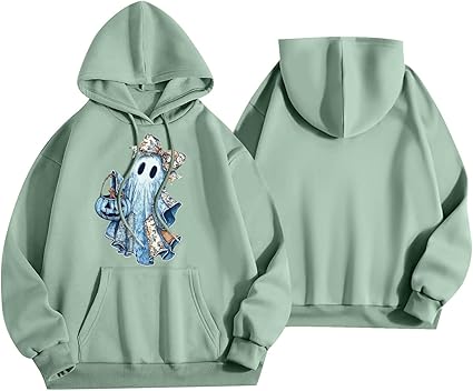 Halloween Hoodies for Women 2025 Fall Fashion Long Sleeve Cute Ghost Graphic Lightweight Hoodie with Pockets