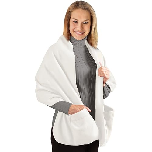 Collections Etc Cozy Fleece Wrap Shawl With Large Front Pockets - Keeps Hands and Shoulders Warm During Cold Winter Season