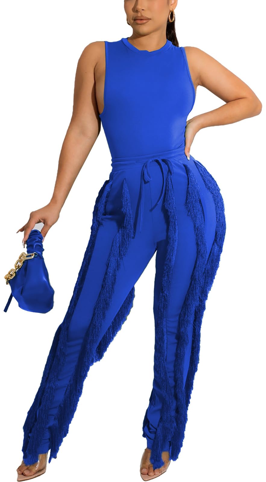 Sriswel Womens 2 Piece Outfits Sleeveless Tank Top Long Fringe Tassel Pants Jumpsuit Set Sweatsuit Clubwear
