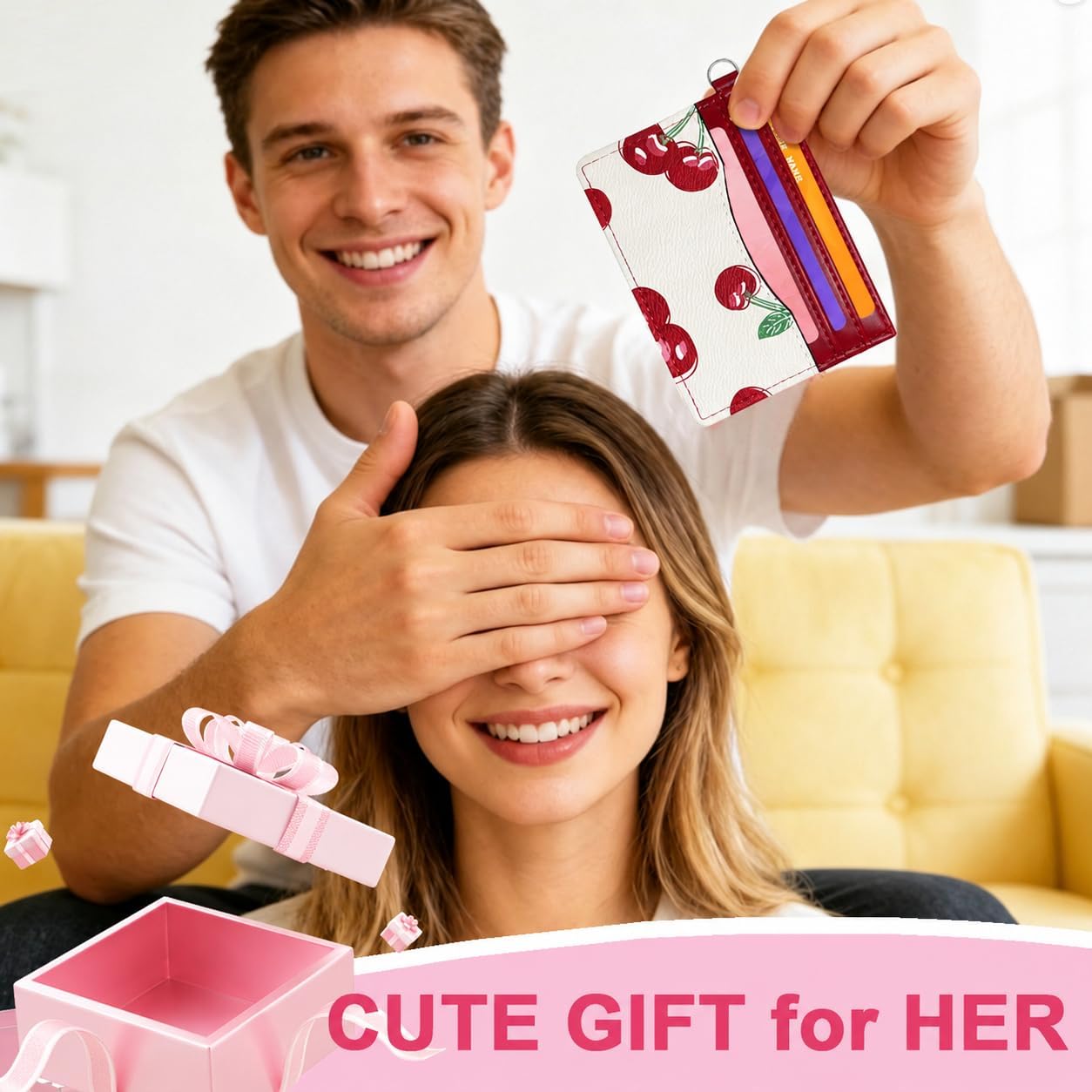 Slim Card Case for Women Cute Credit Card Holder ID Window with Cherry Print (CHERRY)