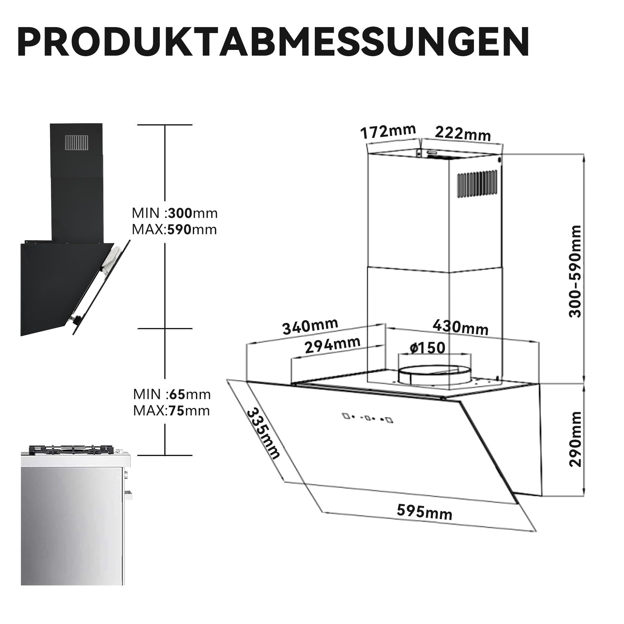 Dunstabzugshaube Schräghaube 60 cm A+++ 416 m³/h 58 dB Leise Touch- & Gestensteuerung Abluft/Umluft LED Schwarz