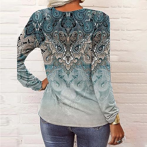 Womens Shirts Boho Ethnic Floral Long Sleeve V-Neck T-Shirts 2023 Fall Fashion Half Button Loose Blouses3