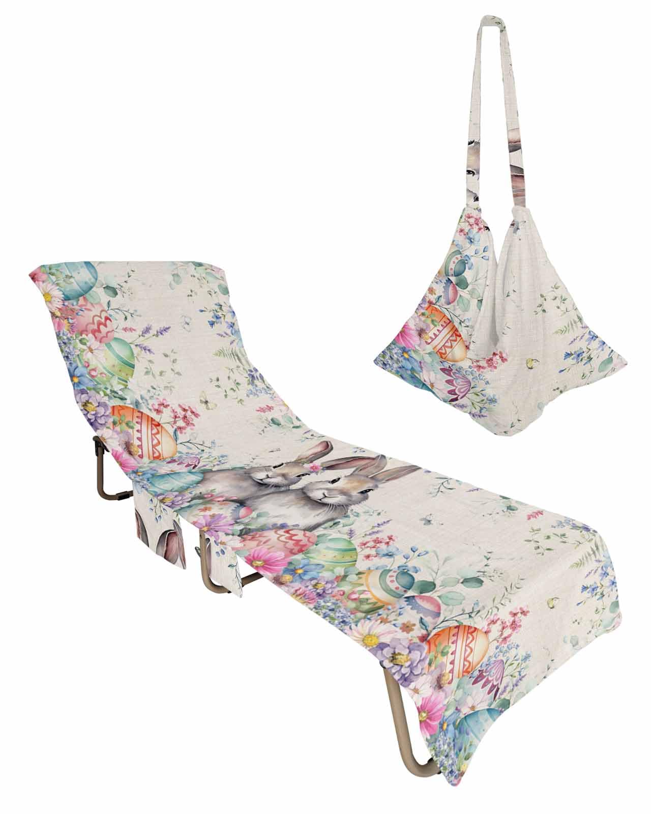 Spring Easter Beach Lounge Chair Towel Cover, Soft Chaise Lounge Towel with Side Pockets Patio Pool Chairs Cover for Beach/Pool Sunbathing 29x85 Rustic Bunny Eggs Eucalyptus Leaves Botanical