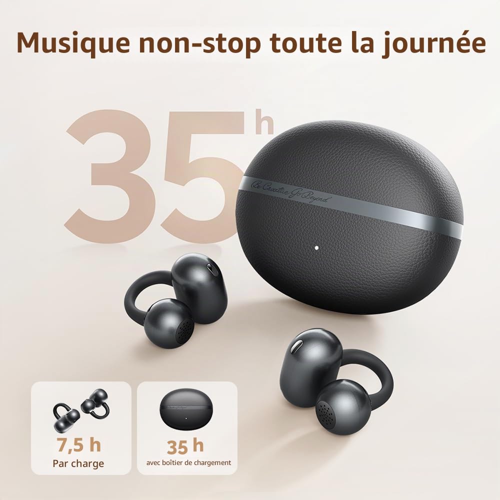QCY Crossky C50 Écouteurs Bluetooth Ouvert, Écouteur sans Fil à Clip,Basses puissantes,Réduction de Bruit des appels,5,2g Ultra-léger et Confortables,Bluetooth 6.0, 36h autonomie,IPX5