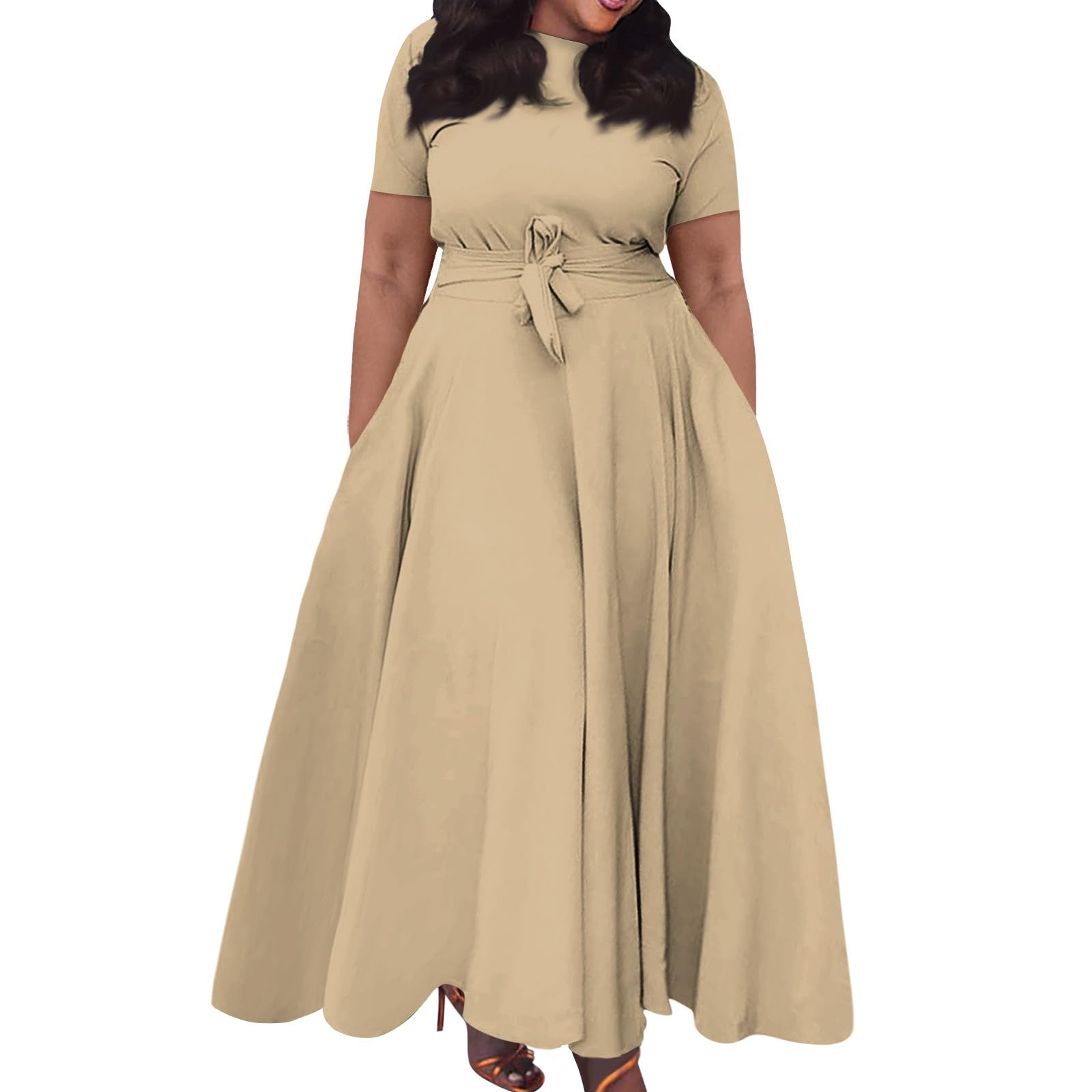 Trendy Short Sleeve Maxi Dress Casual Plus Size Crewneck Long Dress Elegant Formal A Line Smocked Flowy Party Dress