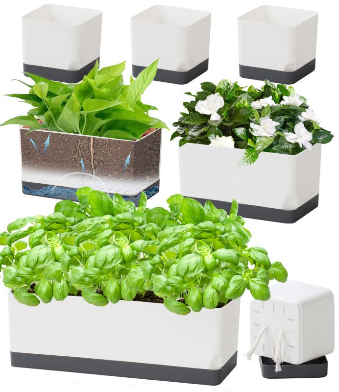 Self Watering Planters Pots for Indoor Plants, 7 Pack 4+8+17 Inch Plastic Window Boxes Planters Herb Planter, Rectangle Rectangular Planter Windowsill Planters with Drainage and Saucer