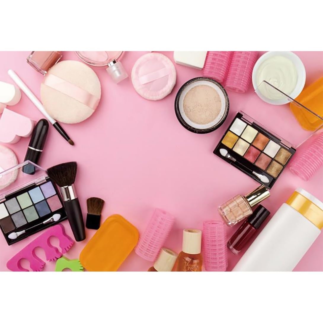 Vie Savaran 8x6ft Make Up Backdrop Cosmetics Eye Shadow Lipsticks Blush Brush Nail Polish Makeup Red Minimalist Photography Background Party Girl Make