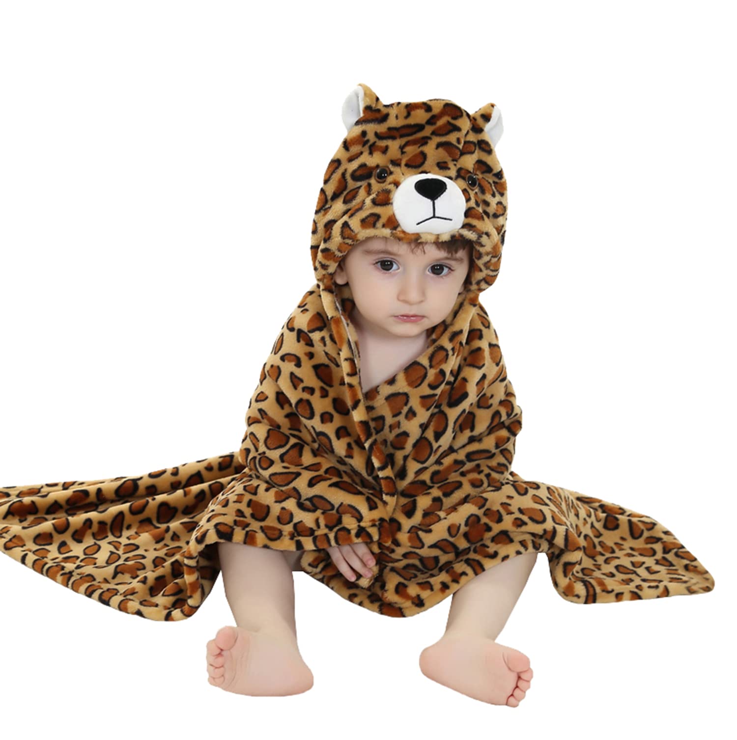 Doladola Toddlers' Plush Animal Themed Hooded Blanket,Baby Flannel Receiving Blankets for Girls and Boys,Kids Play time Blanket (Leopard)