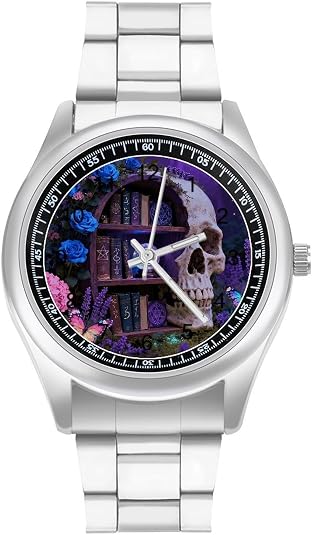 Skull Bookshelf Floral Butterfly Watchs Minimalist Stainless Steel Band Watch for Men Women, Business Casual Wristwatch Lightweight Waterproof Simple Design Watch for Daily Work Business