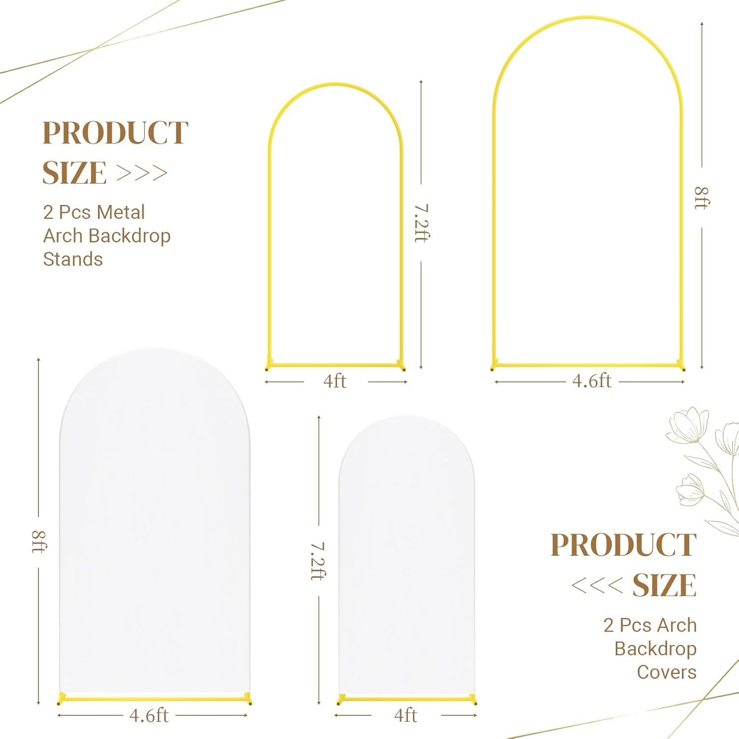 metal arch backdrop stand and cover set, 8ft, 7.2ft party backdrop, easy to assemble, backdrop stand for parties, birthday, baby shower 8ft, 7.2ft white