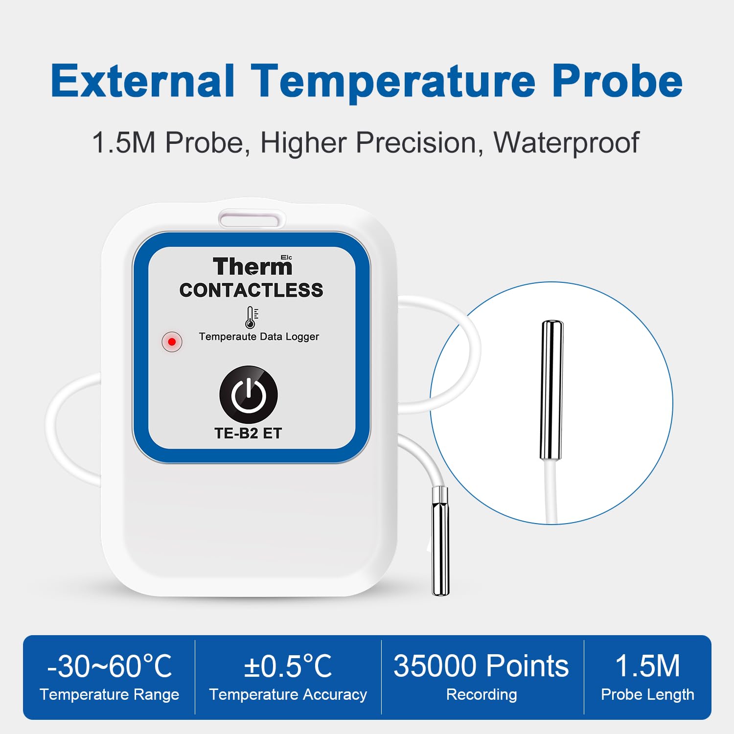 ThermElc TE-B2 ET Externer Temperaturlogger, wasserdichter Temperatursensor aus Stahl, App-basierte Datenerfassung und geräteübergreifende Diagramme für Terrarien, Aquarien, Museen und Gewächshäuser
