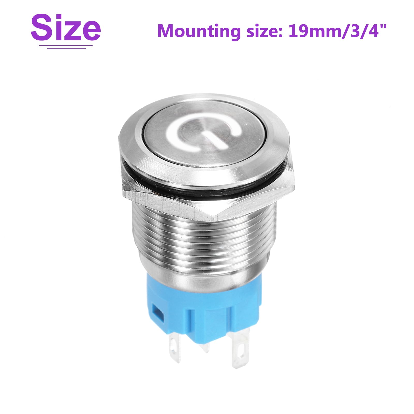 DMiotech 19mm / 3/4" Stainless Steel Latching Push Button Switch Flat Head 5A 12-24V Silver Shell with Welding Foot White LED 1NO1NC for Car Boat Systems Custom Setups - Image 4