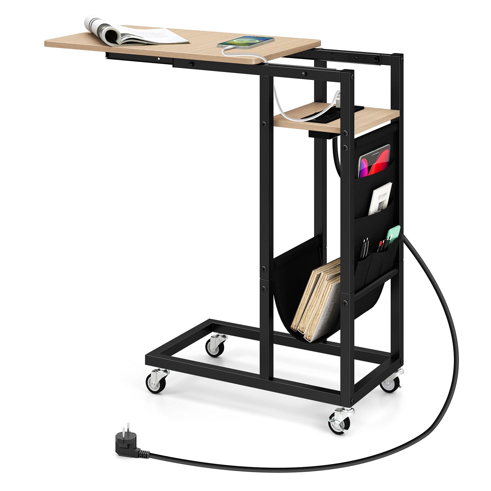 COSTWAY Table d'Appoint à roulettes avec Prise, Plateau Extensible, Bout de Canapé en Forme C, 2 Prises, 1 Port USB, Porte-Revues, 5 Pochettes, Table de Lit a Roulette pour Chambre (Naturel)