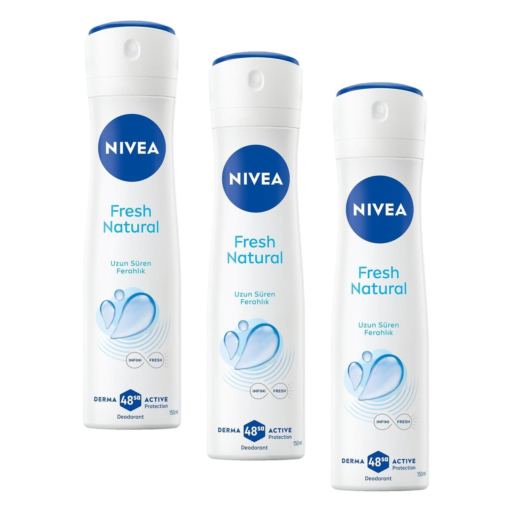 NIVEA Kadın Sprey Deodorant Fresh Natural 150 ml,Ter Kokusuna Karşı 48 Saat Koruma,Uzun Süren Ferahlık,Okyanus Özleri Kokusu,Alüminyum İçermez (3 paketi)