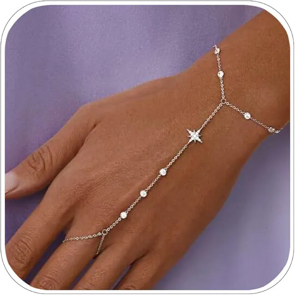 XSBODY Dainty Silver Hand Chain Bracelet Hand Jewelry For Women Adjustable Rhinestone Star Bracelet Wedding Bracelets For Brides Trendy Jewelry Accessories