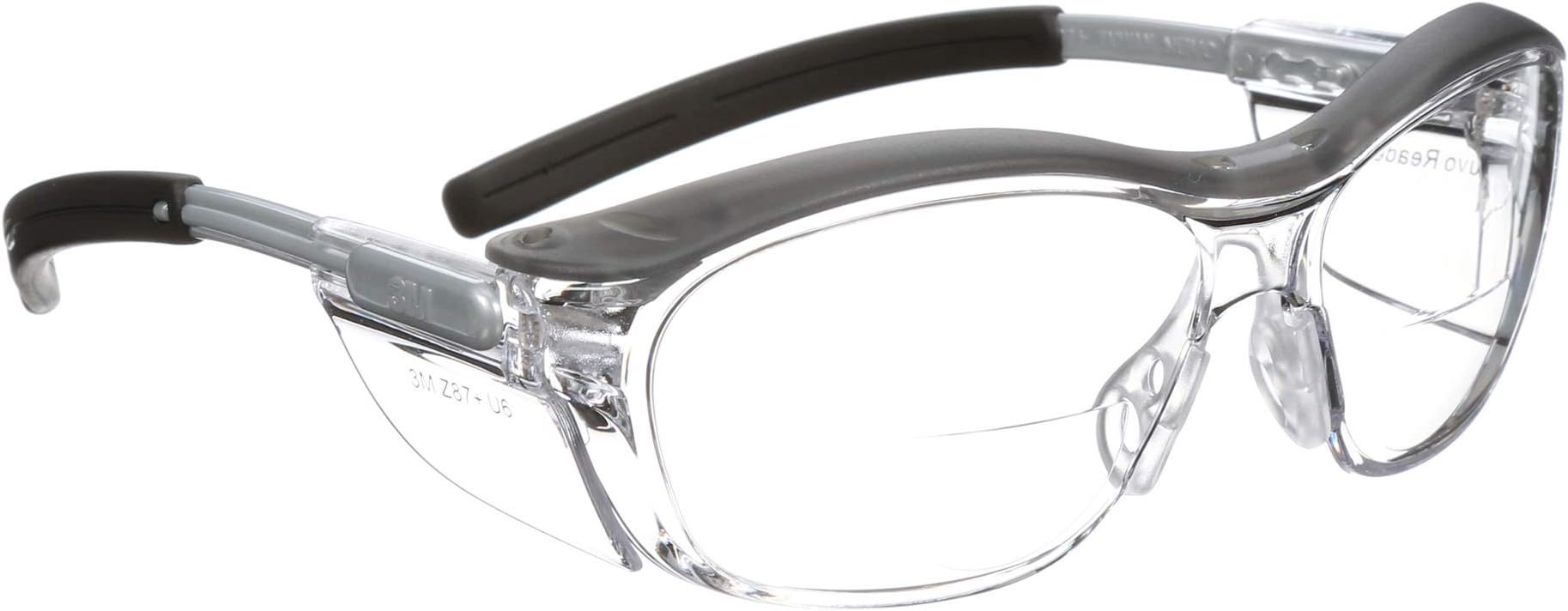 Safety Glasses with Readers, Nuvo Protective Eyewear, +2.5, ANSI Z87, Gray Frame, Clear Lens, Soft Nose Bridge, Side Shields