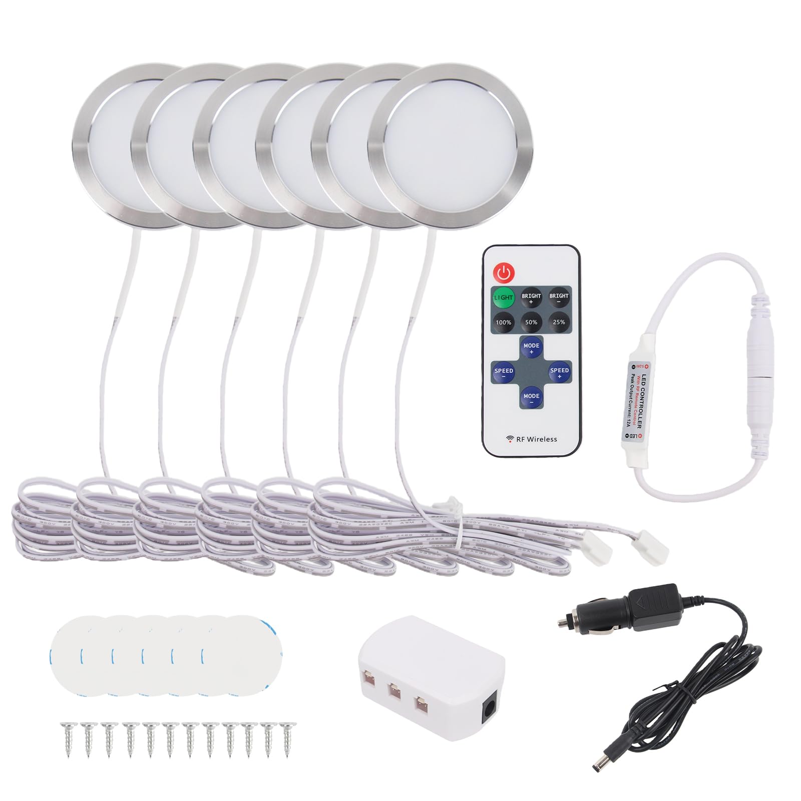 Lot de 6 Spotlights LED Intérieurs 12V Camping-Car Dimmables avec Télécommande Adaptateur Séparateur 6000K Blanc Froid 2W pour T4 T5 Bateau Argenté