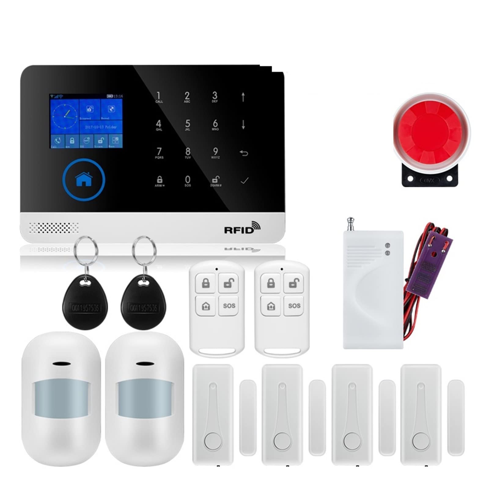 Alarmas para Casa, Tuya wifi GSM Protección de seguridad del hogar Sistema de alarma inteligente Pantalla táctil Kit de ladrones móviles Aplicación Control remoto RFID Brazo y desarmar(W2B16)