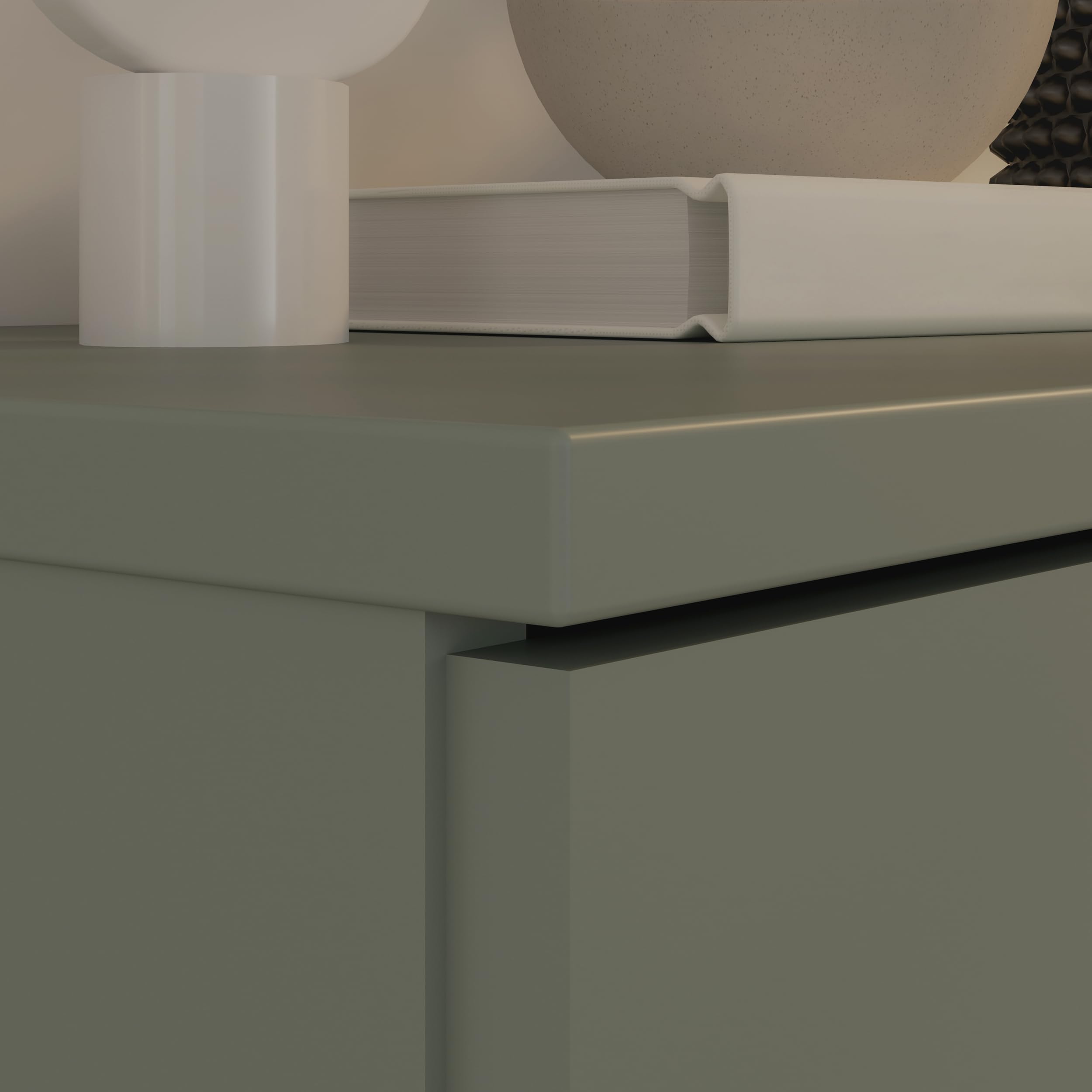 Forte Ganymede TV-Schrank 130, minimalistisches Lowboard, 2-türig, 2 Schubladen, offenes Fach, Holzwerkstoff, Wohnzimmer, Salbei, 129,8 cm breit x 63,1 cm hoch x 41,3 cm tief