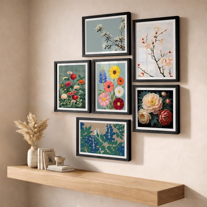 Image of NoWorries Floral Botanical Wall Painting Set of 6 with Frame | Blossom, Daisy, Peony, Wildflower & Garden Flower Artwork for Living Room, Bedroom, Office and Home Decor (Art-18, Frames Size-10x13, 10x10 inches)