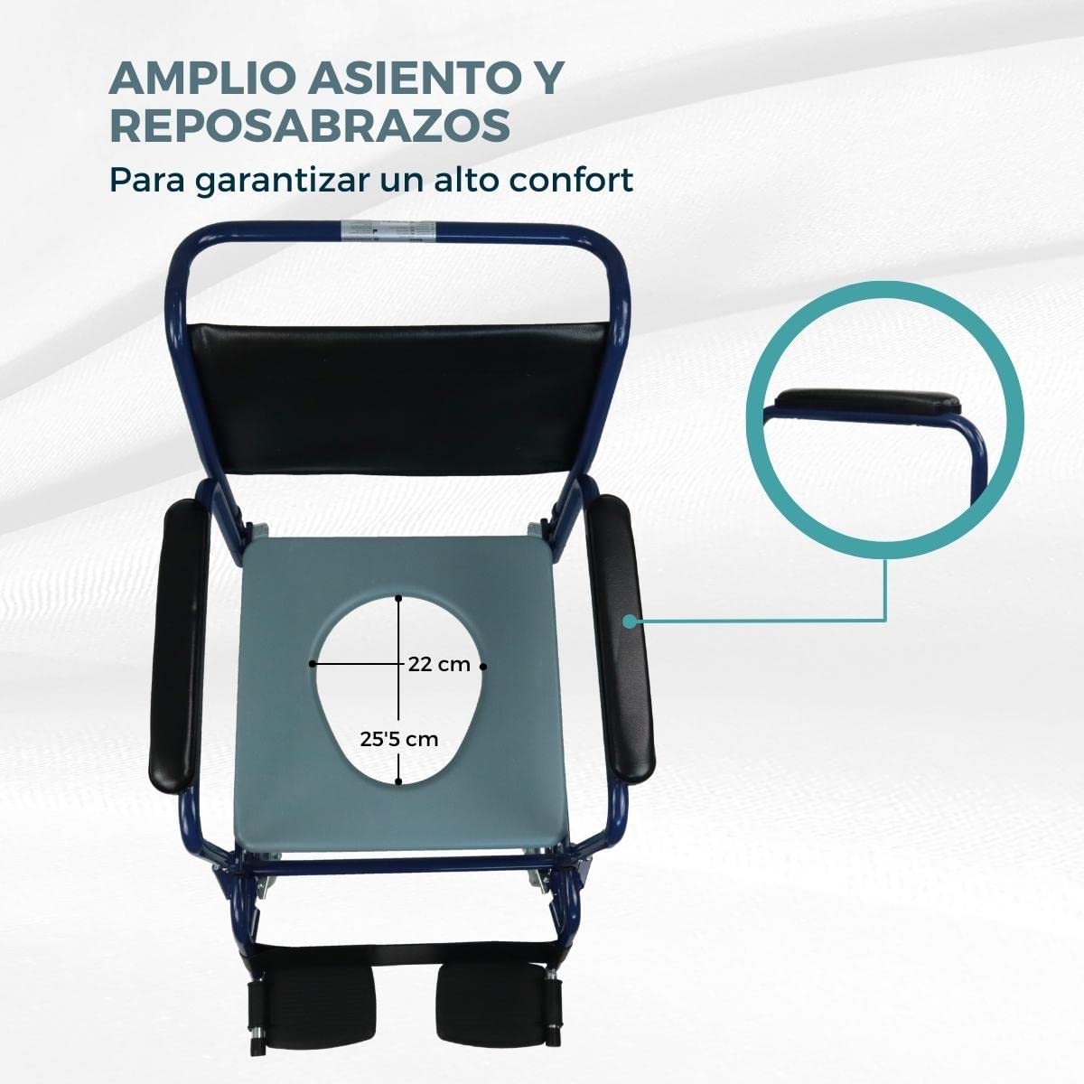 Mobiclinic®, Silla con wc, Tapa, Ruedas para fácil transporte, Sistema de frenado, Reposapiés abatibles y extraíbles, Inodoro extraíble, Reposabrazos asiento acolchados, Acero